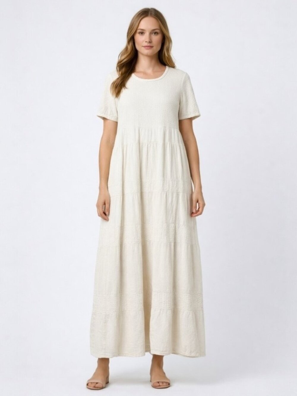 Vintage Dunes Textured Cotton Tiered Maxi Dress Size Medium Cream White